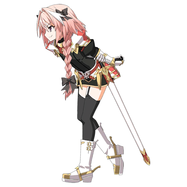 Astolfo standing with a sword behind his back looking to the left